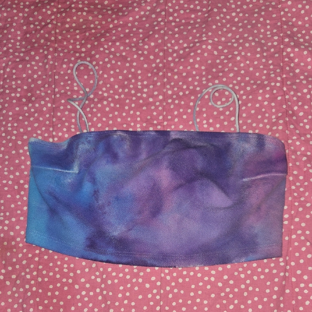 Purple Blue Tie-Dye Strapless Bandeau Crop Top Medium